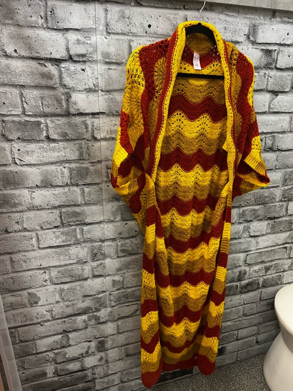 Women’s Open-Front Long Knit Cardigan Sweater in Mustard & Rust